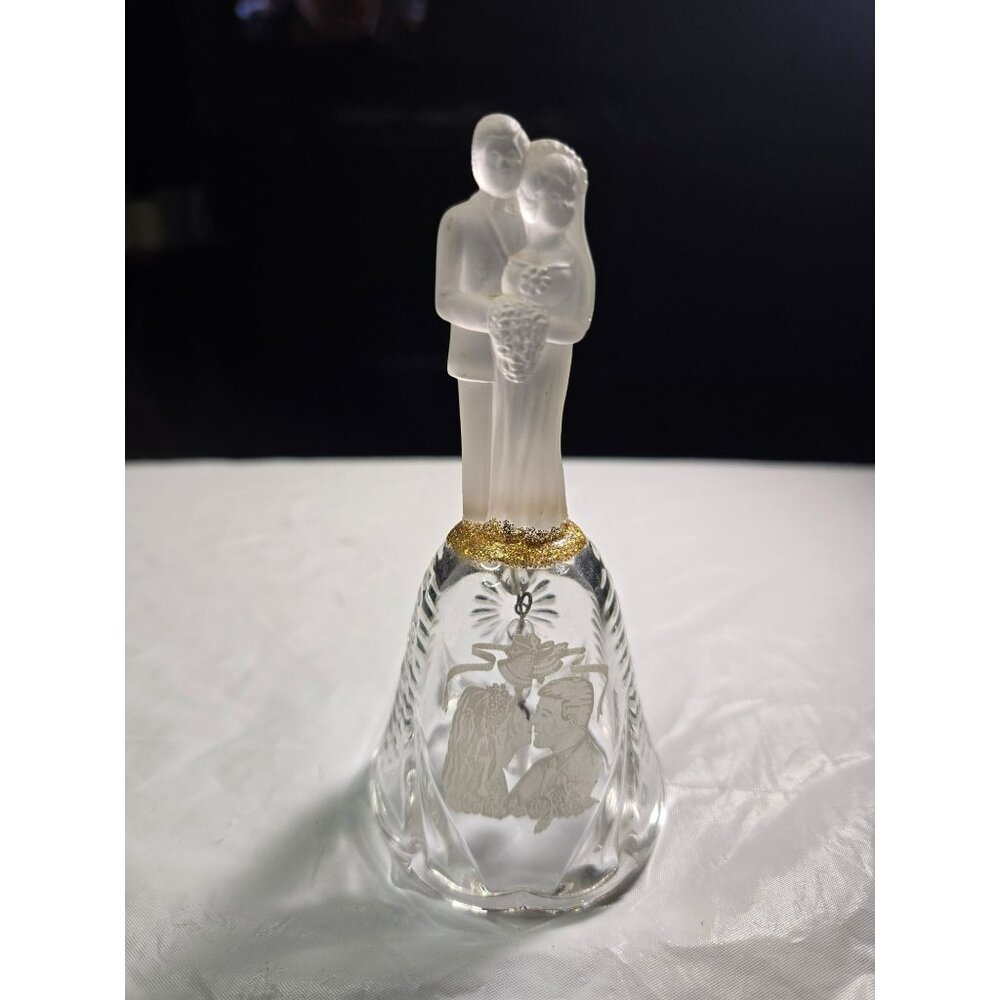 VTG Glass Wedding Bell Frosted Handle Bride Groom Cut Etched Crystal Love